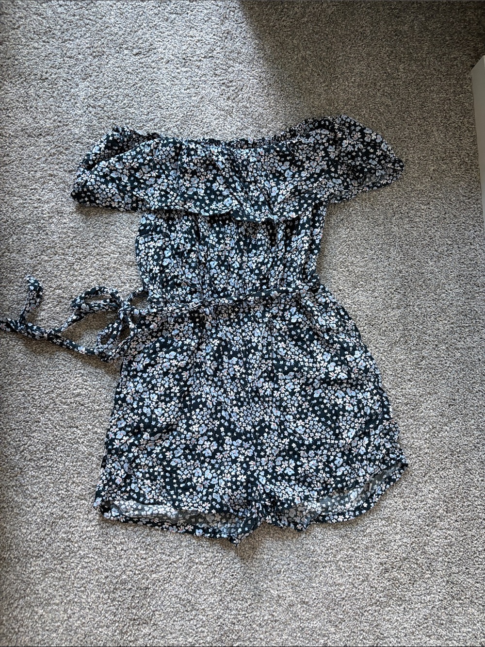 H&M Black Floral Off-Shoulder Romper with Blue and White Blooms